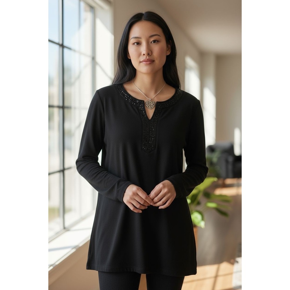 Womens Liz Claiborne Sz L Long Sleeve Shirt Black Jewel Accent Stretch